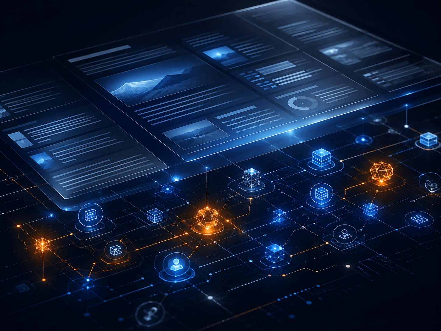 A dark analytical rendering of a website read as machine-readable layers, with structured content panels and connection points lit above the surface.