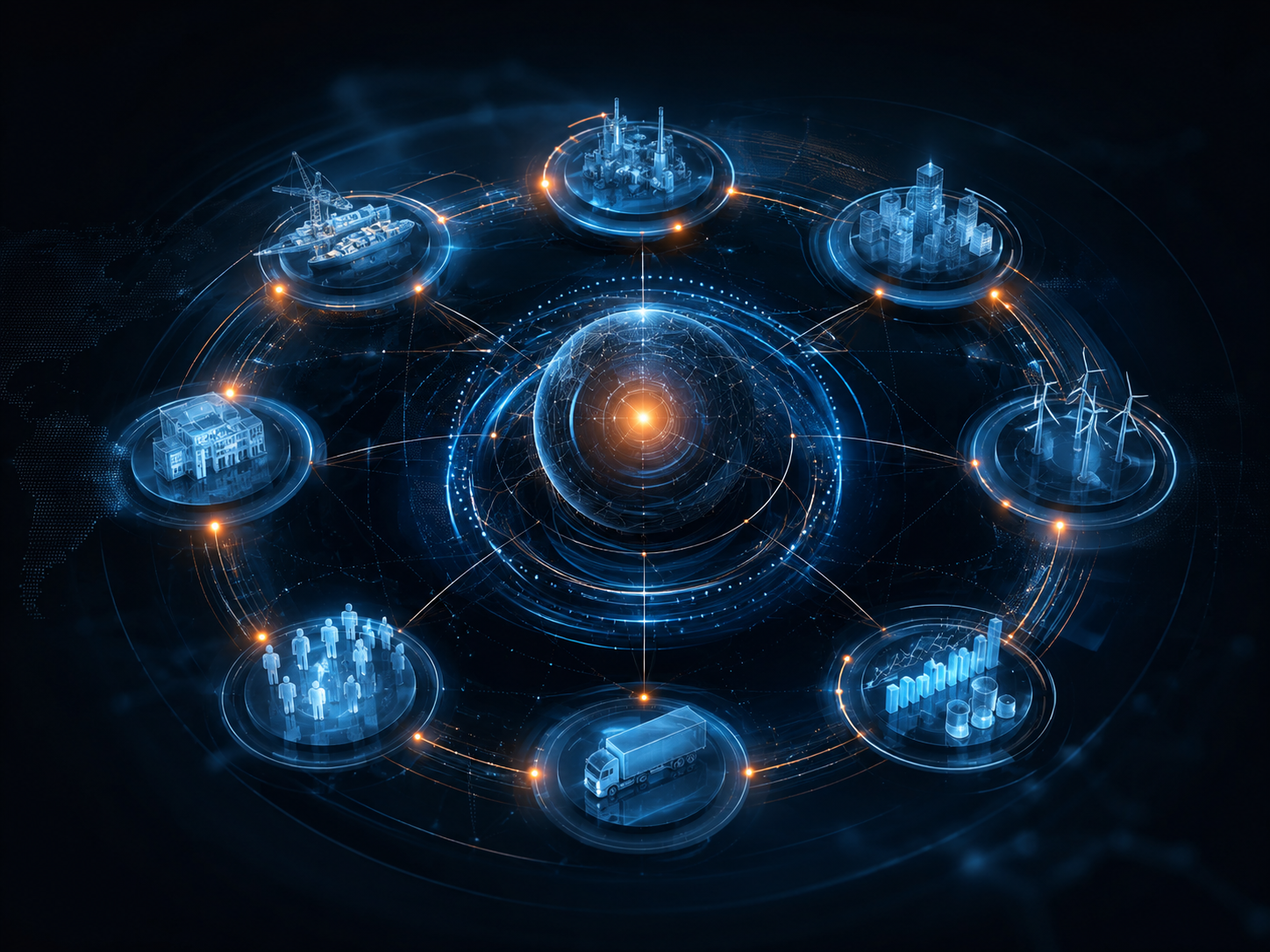 Ten system nodes arranged in a ring around a single lit core, each linked to the centre and to its neighbours.