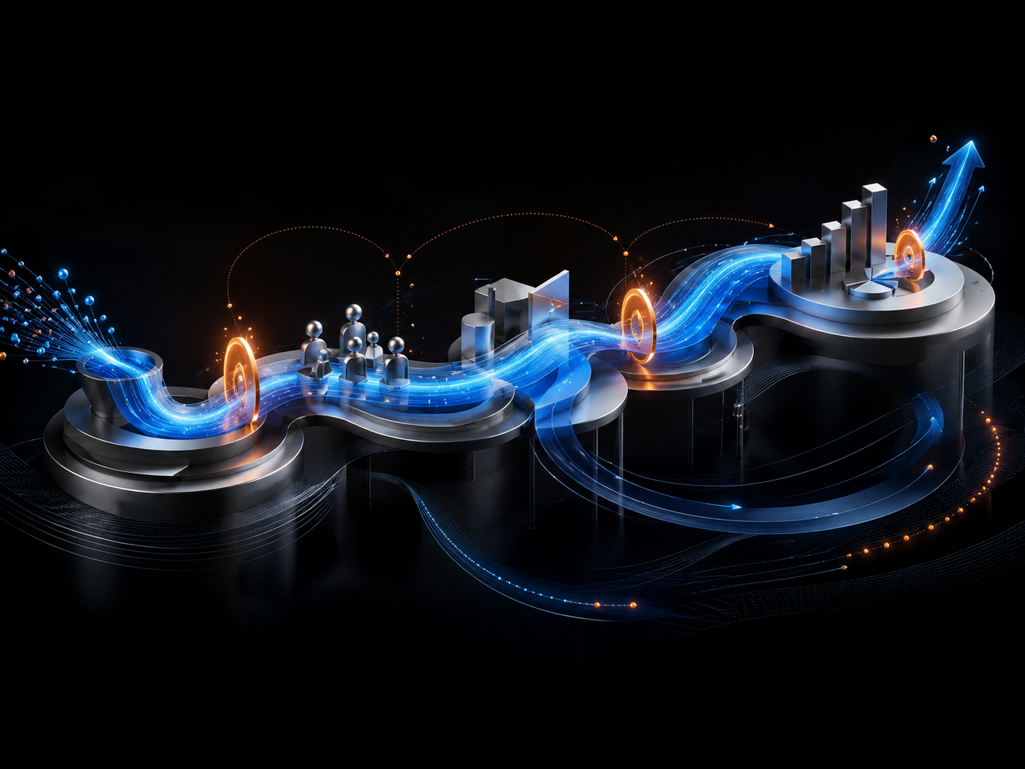 A luminous ribbon of flow moving across a sequence of raised platforms, narrowing and widening as it passes each handoff.