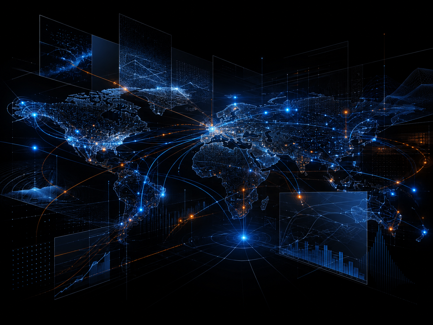 A dark world map surrounded by floating analytical panels, with points of activity connected across regions.
