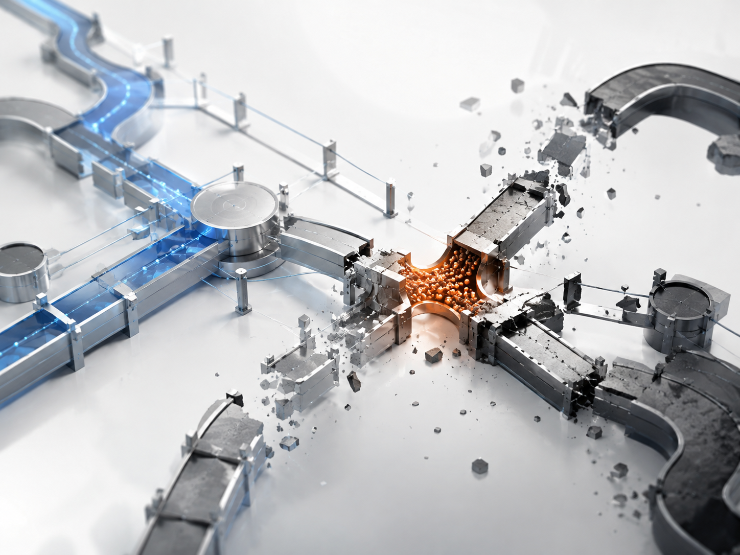 A continuous production line fracturing at a single point, with the flow breaking apart where the structure gives way.