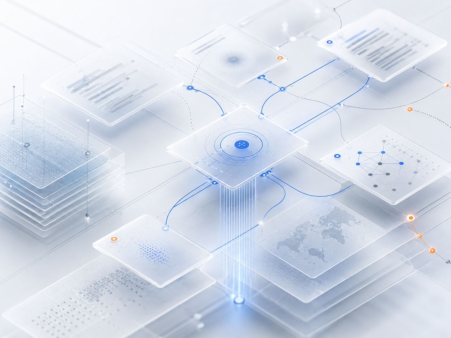Translucent layers of structured records stacked above one another, connected by pathways into a single processing core.