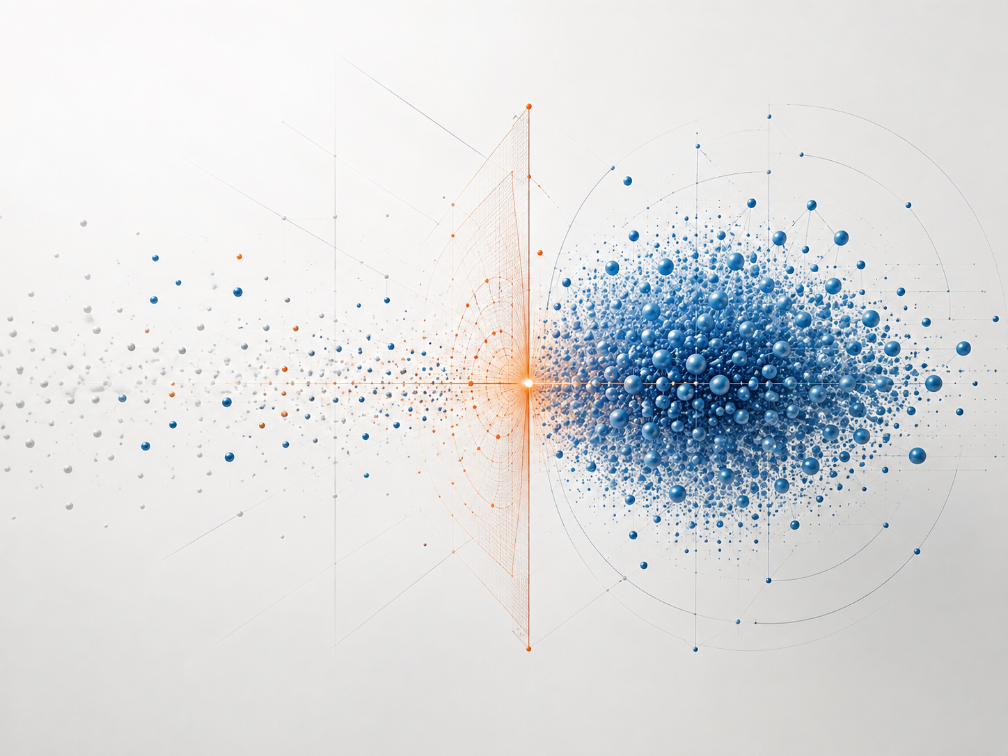 A dispersed field of individual points converging through a threshold line into a dense, measurable population.