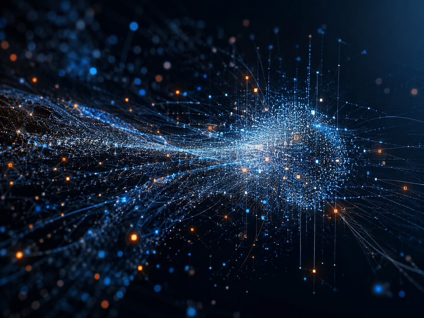 A dense stream of individual signal points converging from open space into a concentrated, structured core.